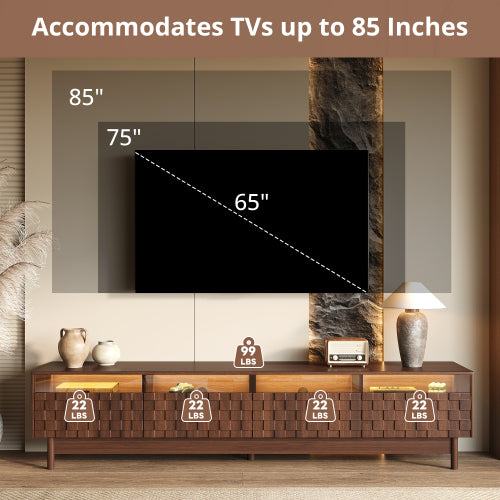 78.7 inch Walnut LED Light Glass Drawer TV Stand Solid Rubber Wood Leg Console Holds 85 inch TV