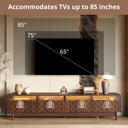 78.7 inch Walnut LED Light Glass Drawer TV Stand Solid Rubber Wood Leg Console Holds 85 inch TV