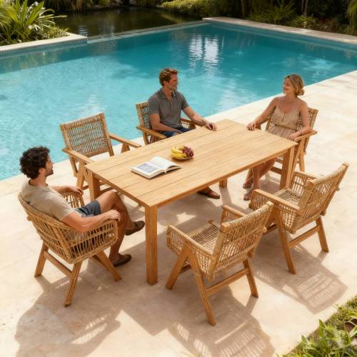 A wooden-textured imitation wood dining table, simple yet with a high quality feel. It has a small tabletop and is perfect for outdoor picnics. It is made of teak wood, measuring 68.9 inches.