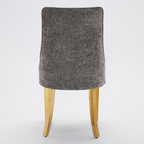 Set of 2 Gray Rayon Flocking Chenille Dining Chairs, High Back, Triple Elastic Cushion, Golden Plated Stainless Steel Legs