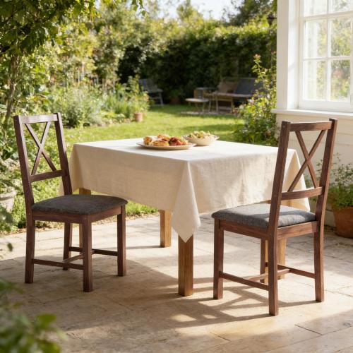Set of 2 Dining Chairs Gray Linen Upholstered X-Back Kitchen Chair