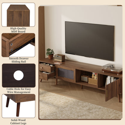 76.7 inch Natural Wood Wave Tempered Glass Door TV Stand Solid Wood Leg Media Console For 85 inch TV