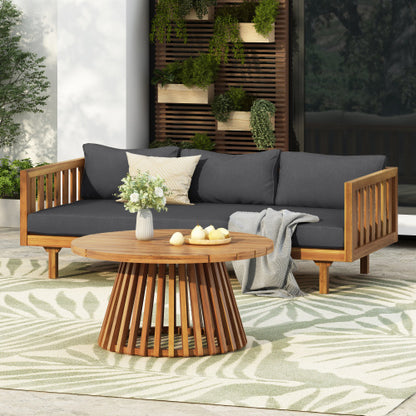 Acacia Wood Patio Furniture Set,Outdoor 3 Seater Daybed(with Water Resistant Thick Cushions)and Round Coffee Table, Dark Grey Cushion