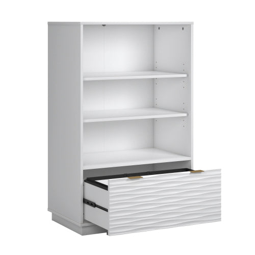 White Coastal Style 2-Shelf Adjustable Bookcase With Lower Drawer