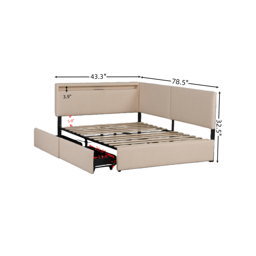Twin Size Boucle Bed Frame, Upholstered Cloud Bed Frame with Headboard, with 2 Storage Drawers, LED light and USB Charging Design, Solid Wood Legs and Slats, No Box Spring Needed, Beige