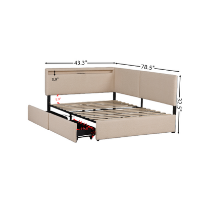 Twin Size Boucle Bed Frame, Upholstered Cloud Bed Frame with Headboard, with 2 Storage Drawers, LED light and USB Charging Design, Solid Wood Legs and Slats, No Box Spring Needed, Beige