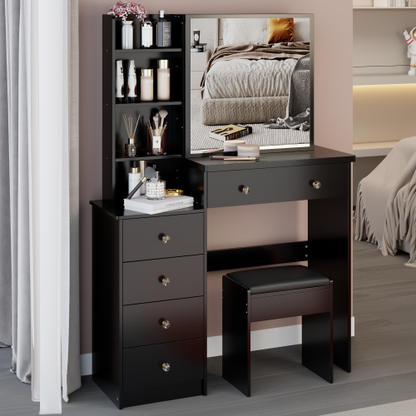 37inch  Middle Size Left Bedside Cabinet Vanity Table + Cushioned Stool, Extra Large Right sliding mirror, Multi Layer High Capacity Storage, Practical Fashionable Dresser, Suitable For Middle Space