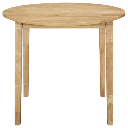 3-Piece Natural Wood Drop Leaf Dining Set, Compact Round Table with 2 Tan Fabric Upholstered Chairs
