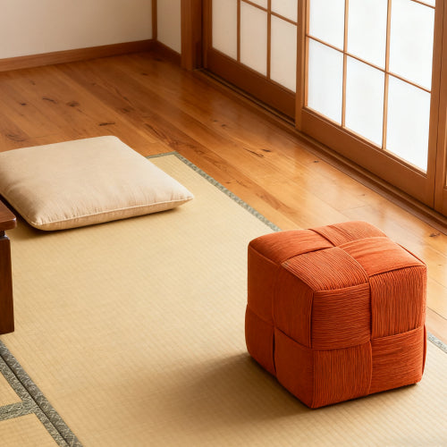 Brown Corduroy Ottoman Footstool with Square Woven Design