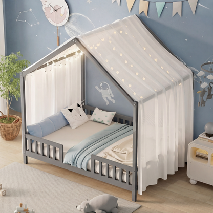 Montessori Floor Bed with Canopy, Full Bed Frame for Kids, House Shape Toddler Bed Frame with High Railings, Wood Kids Bed with Roof, Kid Full Bed, Grey