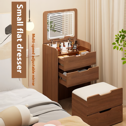 Walnut 3-in-1 Vanity Desk with Flip Top Mirror, Visible Glass Desktop, 3 Drawers, Makeup Vanity Set with Stool