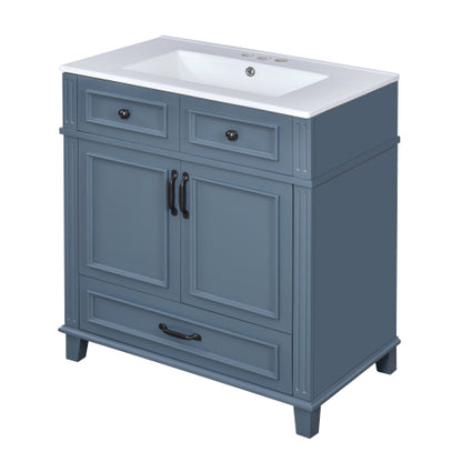 30'' Bathroom Vanity with Ceramic Sink,Solid Wood Frame Bathroom Storage Cabinet with Soft Closing Doors,Retro Style, Blue