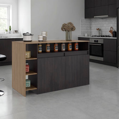 Kitchen Bar Counter with Ample Storage and Shelves, Black Wengue / Natural Oak