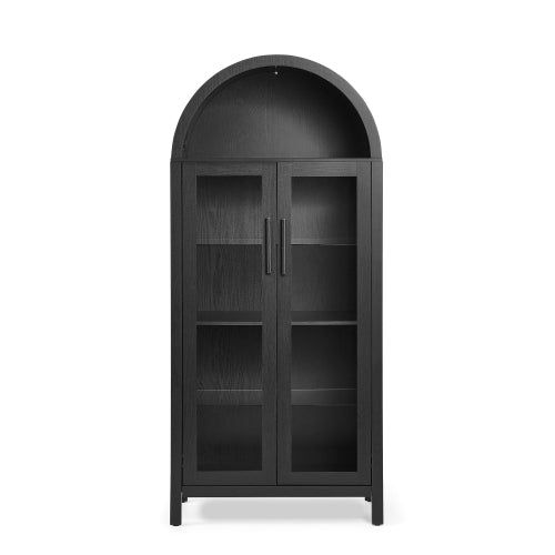 Black High Arched LED Light Storage Cabinet MDF Poplar Wood Adjustable Glass Partition Multi-Functional Home Display Cabinet