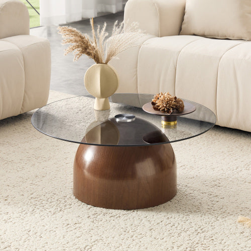 Set of 2 Walnut Nesting Glass Coffee Tables, Space-Saving Round Center Table