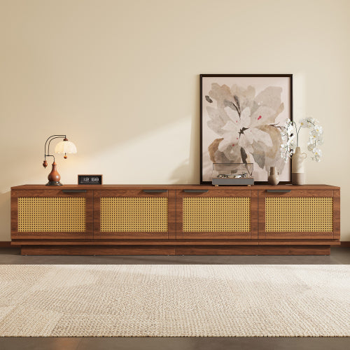 78.74 inch Walnut 4 Door PE Rattan Legless TV Stand Large Hidden Storage Media Console For 85 inch TV
