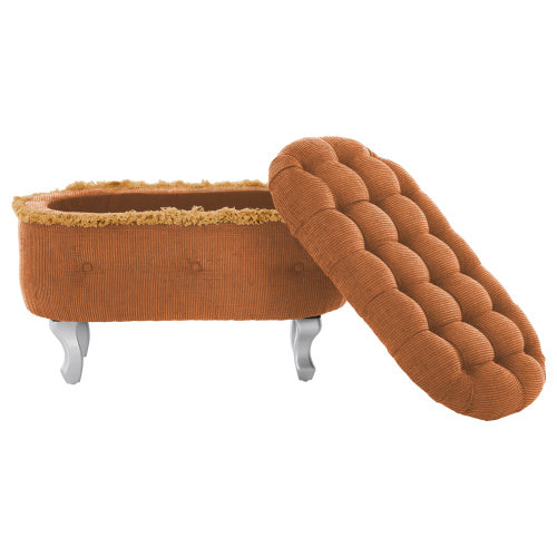 Orange Fringed Button Tufted Storage Ottoman Bench, 29.5 Inch Upholstered End of Bed Bench for Entryway Bedroom