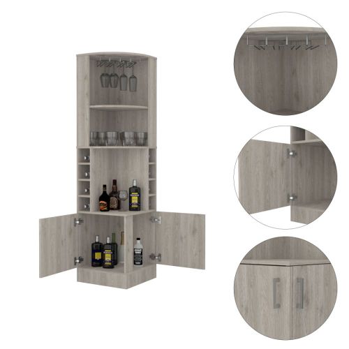 Corner Bar Cabinet, Eight Bottle Cubbies, Double Door, Two Open Shelves