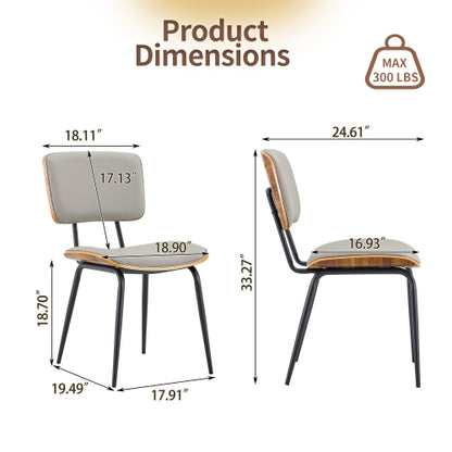Mid-Century Faux Leather Dining Chairs Set of 2, Walnut Veneer Backrest & Metal Legs, Light Gray