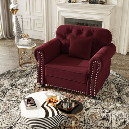 41.3 inch  Burgundy Velvet Mid-Century Sofa, Nailhead Trim & 1 Pillow