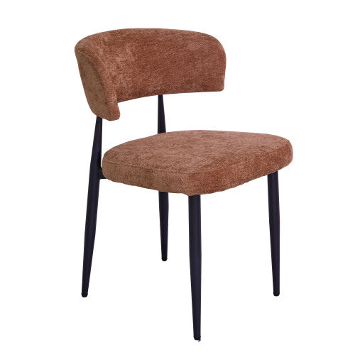 Set of 4 Brown Mid-Century Dining Chairs, Chenille Curved Bucket Back with Armrest, Matte Metal Legs