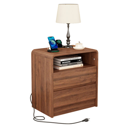 Walnut Curved Nightstand, 25inch Tall Handle-Less Bedside Table with Drawers & Charging Station