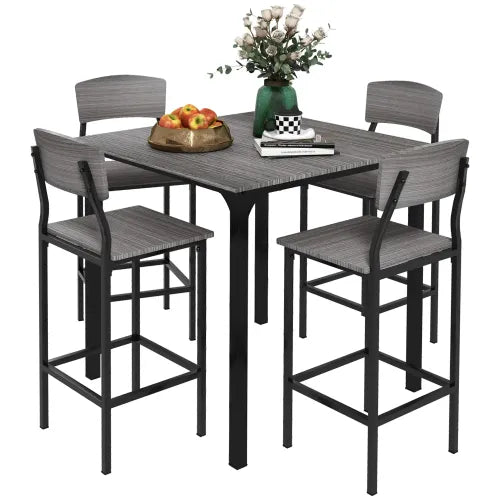 5-Piece Gray & Black Square Counter Height Dining Set, MDF & Steel Table with 4 Space-Saving Stools