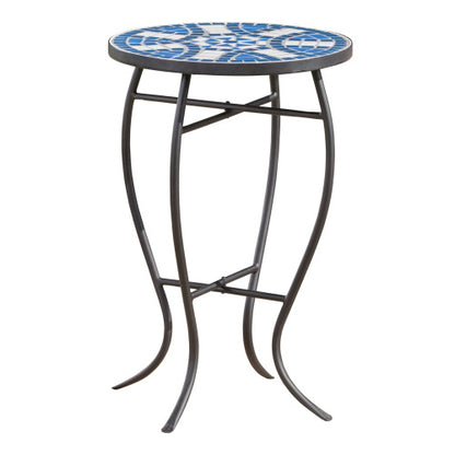 Outdoor Round Side Table with Mosaic-Style Top and Curved Iron Legs, End Table-Blue ,Wihte and Matte Black