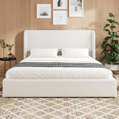 Queen Size Boucle Bed Frame, Upholstered Cloud Bed Frame with Headboard, Solid Wood Legs and Slats, No Box Spring Needed, White