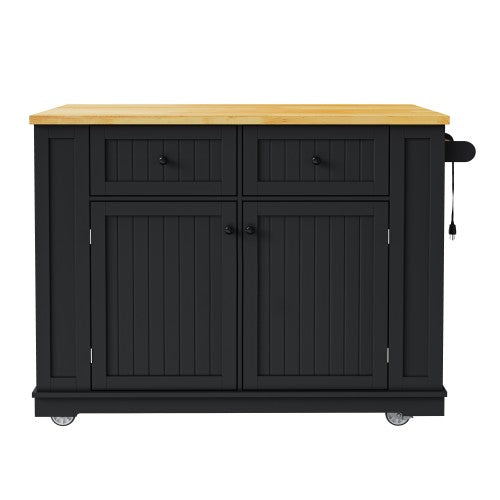 48inch Kitchen Island with 2 Bar Stools, Power Outlet, Internal Storage Rack, Kitchen Storage Cart on 5 Wheels with Drop Leaf, 5 Open Side Racks, Drawers, Black (Old SKU N707S000015B)(Three Packages)