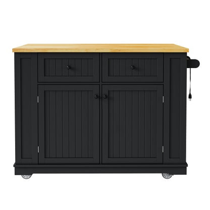 48inch Kitchen Island with 2 Bar Stools, Power Outlet, Internal Storage Rack, Kitchen Storage Cart on 5 Wheels with Drop Leaf, 5 Open Side Racks, Drawers, Black (Old SKU N707S000015B)(Three Packages)