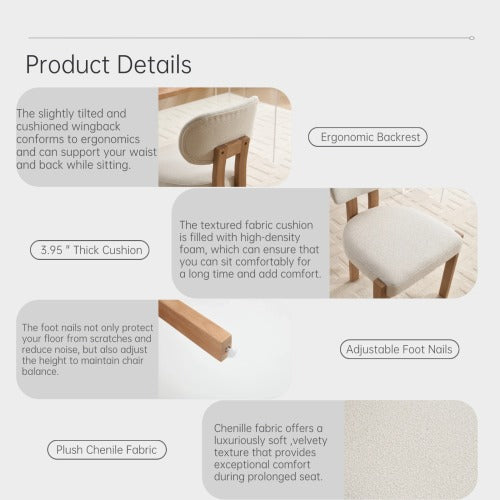 Wooden Dining Chairs Set of 2, Modern Fabric Upholstered Dining Room Chairs, Farmhouse Kitchen Chairs