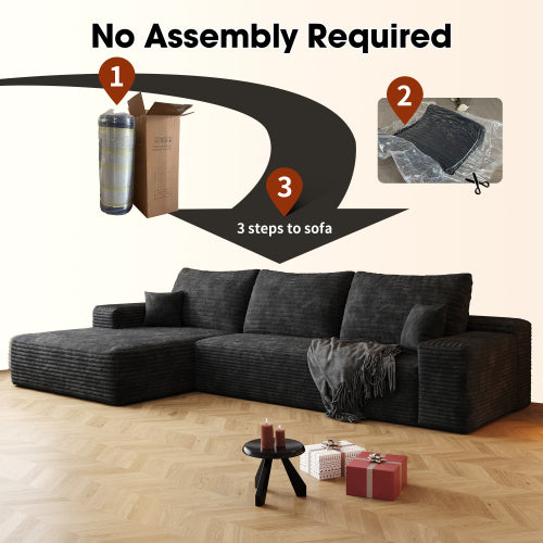 107 inch  Black Plush Corduroy L-Shape Cloud Modular Sectional Sofa, No Assembly
