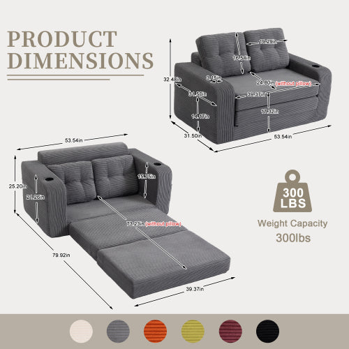 2-in-1 Fold-Out Corduroy Convertible Floor Sofa-Bed with Pockets