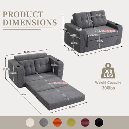 2-in-1 Fold-Out Corduroy Convertible Floor Sofa-Bed with Pockets