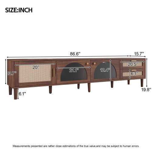 86 inch TV Stand for TVs Up to 90 inch, Rattan Media Console with LED Lights, Drawers & Glass Storage