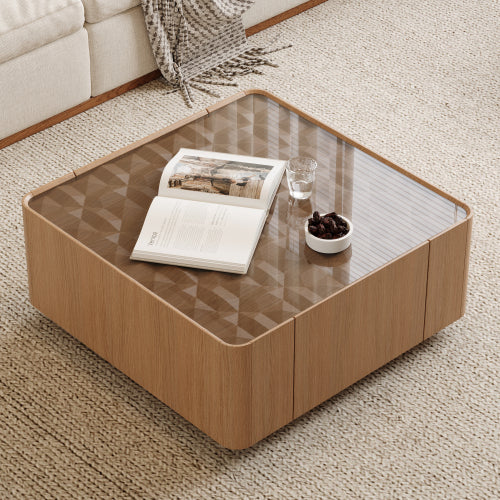 Square Glass Coffee Table Walnut Frame Storage Drawers Modern Living Room Table