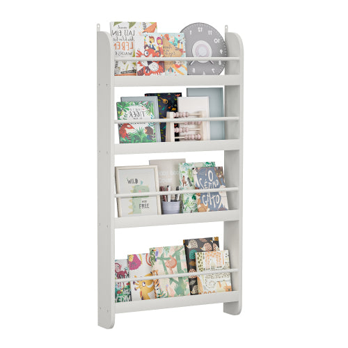 4-Tier Wall-Mounted Kids Bookshelf Anti-Tip Design High Safety Space-Saving Nursery Toy Book Organizer