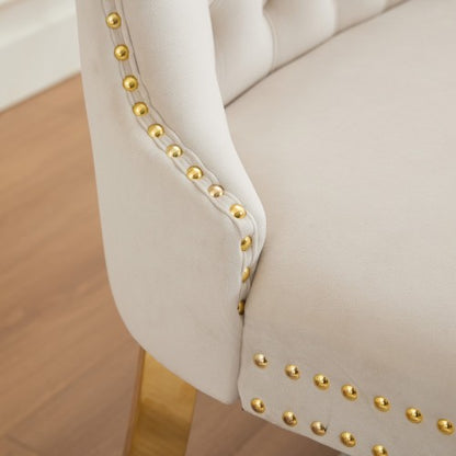 Velvet Double Dining Loveseat Bench, Kitchen & Dining Seating, 2-Seat Tufted Bench w/Handmade Buttons, Wing Back, Gold-Plated Steel Legs, Mid Century Modern,Single Pack,Beige