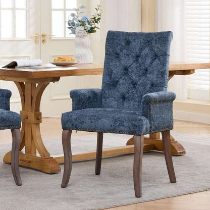 Upholstered Chenille Arm Dining Chair, Tufted Accent Chair with Curved Solid Wood Legs, Blue, Single Pack