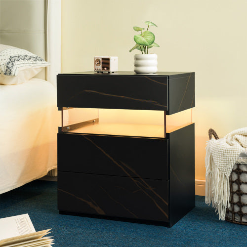 Black & Gold 3-Drawer LED Nightstand with Acrylic Panel