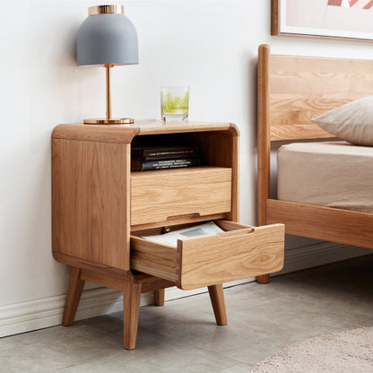 Solid Oak Nightstand, Nordic Style Open Compartment Bedside Table with Cable Hole & Rounded Edge