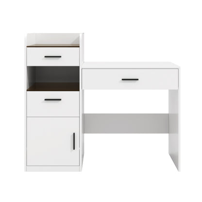 White 3in1 Flip-Top Vanity Desk, Amber Glass Top, Adjustable Dividers, Hidden Storage Cabinet
