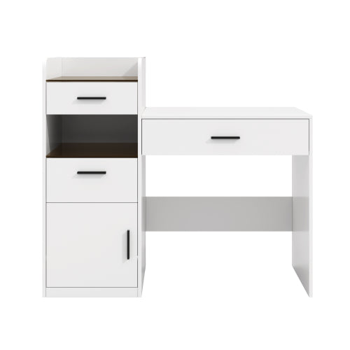 White 3in1 Flip-Top Vanity Desk, Amber Glass Top, Adjustable Dividers, Hidden Storage Cabinet
