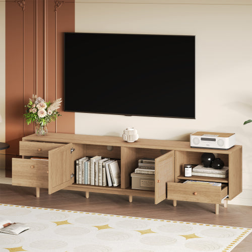 76.6 inch Natural Real Rattan TV Stand 3 Drawer Entertainment Center Fits 65¨C85 Inch TV