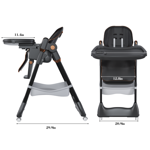 Black Foldable Baby High  Dining  Chair for 0-6 Years, 5 Height Adjustable, 5-Point Safety Belt, Lockable Wheels
