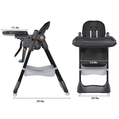 Black Foldable Baby High  Dining  Chair for 0-6 Years, 5 Height Adjustable, 5-Point Safety Belt, Lockable Wheels