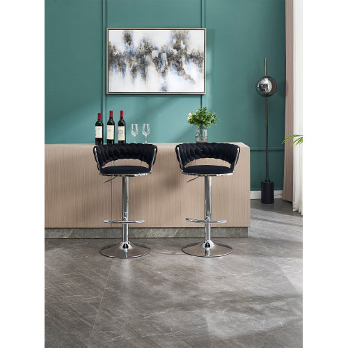 Set of 2 Bar Stools,with Chrome Footrest and Base Swivel Height Adjustable Mechanical Lifting Velvet + Chrome  Leg Simple Bar Stool-BLACK