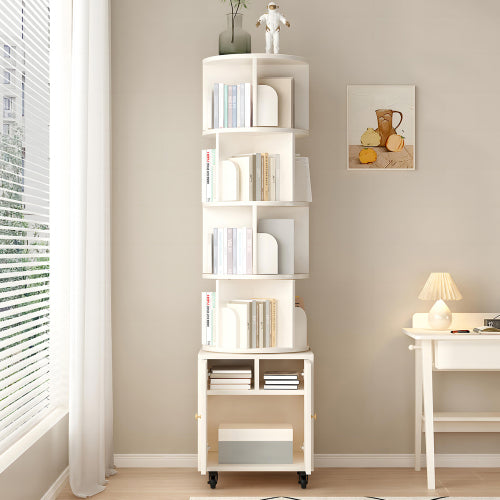 White 5-Tier Rotating Bookshelf with Double Door Drawer, Slim Wooden Corner Storage Cabinet for Home