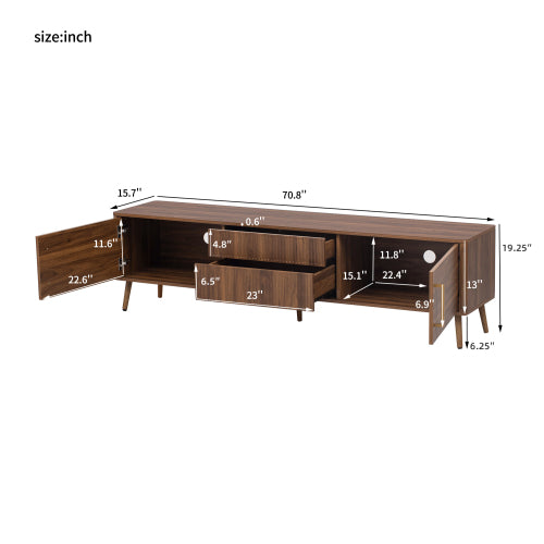 70.8 Inch Walnut Mid-Century Wood Grain TV Stand 2 Drawer Media Console Up To 80 Inch TV